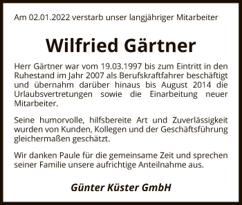 Traueranzeige von Wilfried Gärtner von SYK