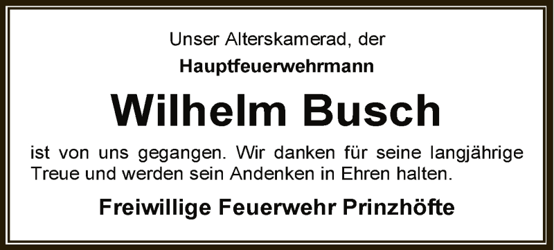  Traueranzeige für Wilhelm Busch vom 26.01.2022 aus SYK