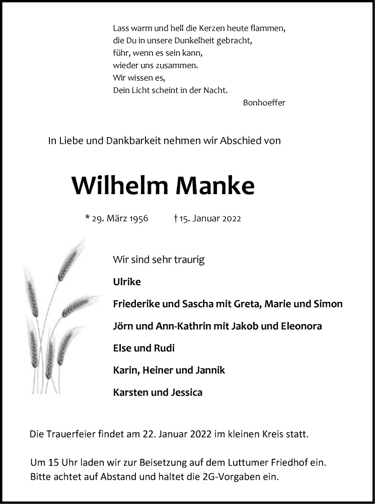 Traueranzeige für Wilhelm Manke vom 19.01.2022 aus SYK