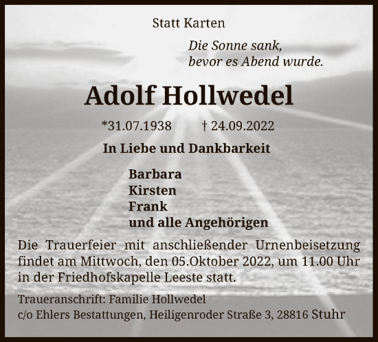 Traueranzeige von Adolf Hollwedel von SYK