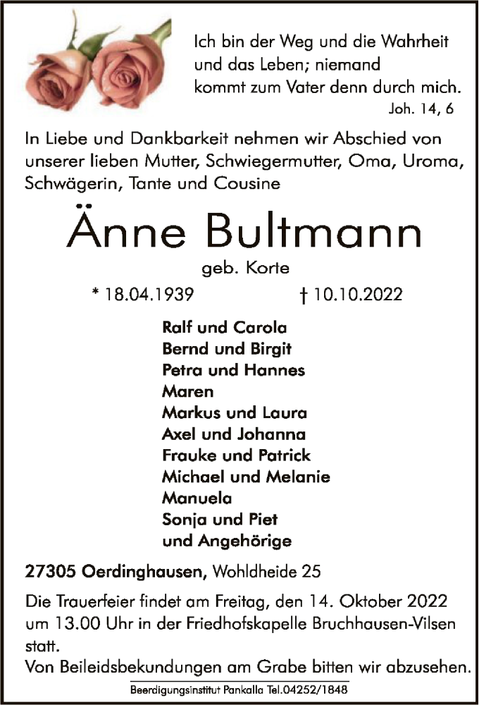  Traueranzeige für Änne Bultmann vom 12.10.2022 aus SYK