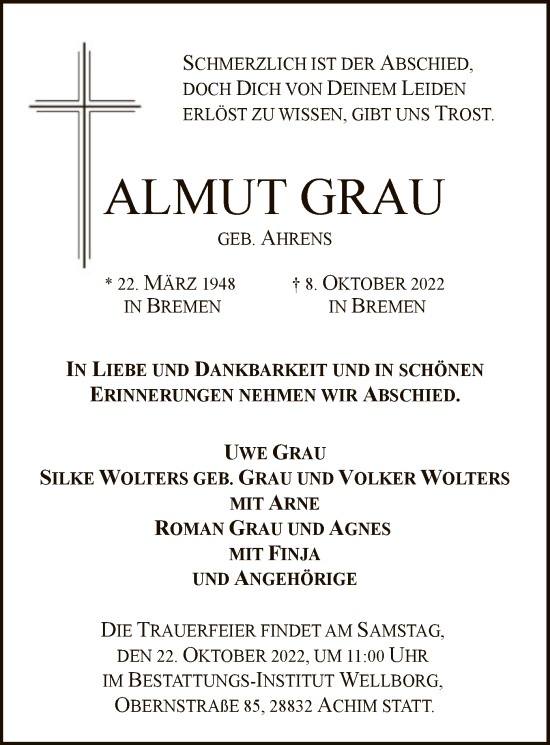 Traueranzeige von Almut Grau von SYK