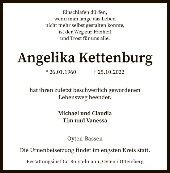 Traueranzeige von Angelika Kettenburg von SYK