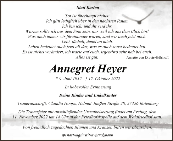 Traueranzeige von Annegret Heyer von SYK