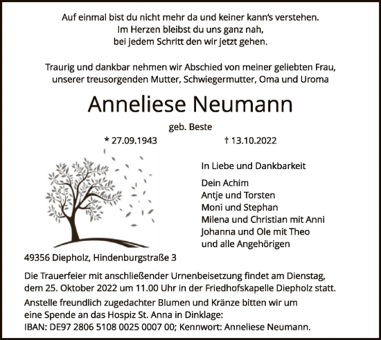 Traueranzeige von Anneliese Neumann von SYK