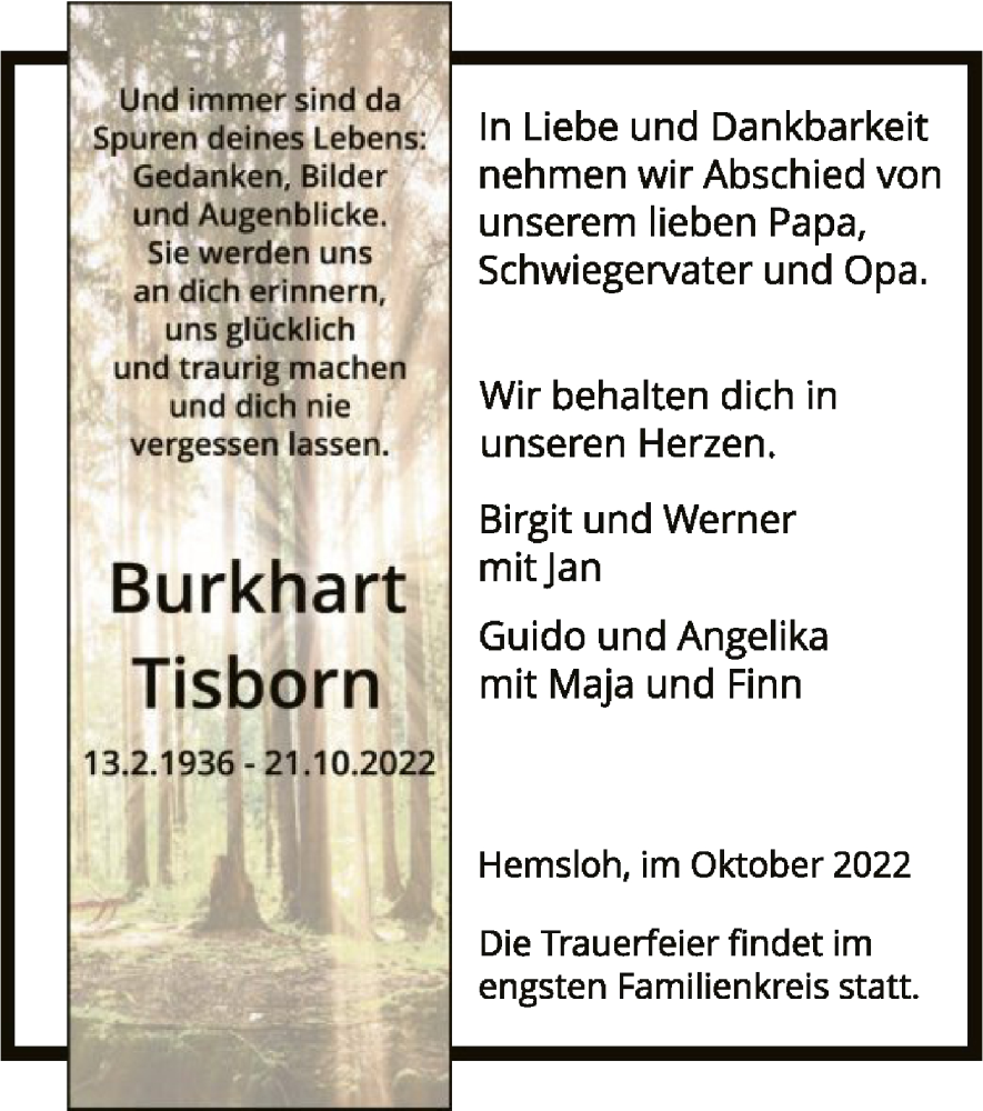  Traueranzeige für Burkhart Tisborn vom 29.10.2022 aus SYK