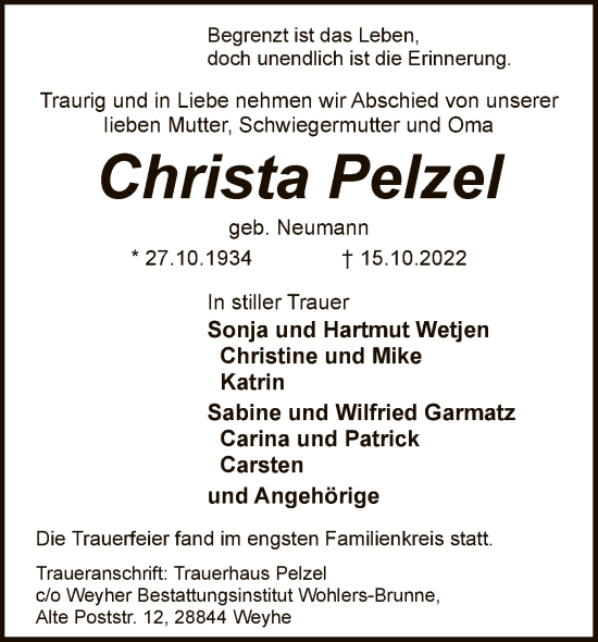 Traueranzeige von Christa Pelzel von SYK