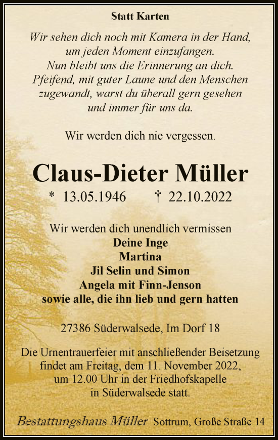 Traueranzeige von Claus-Dieter Müller von SYK