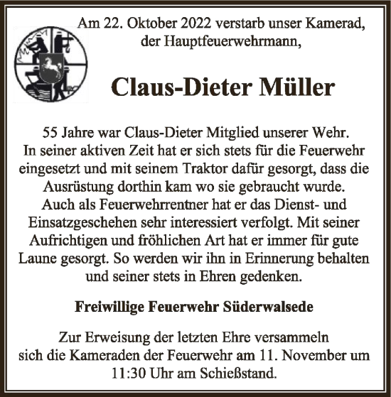 Traueranzeige von Claus-Dieter Müller von SYK