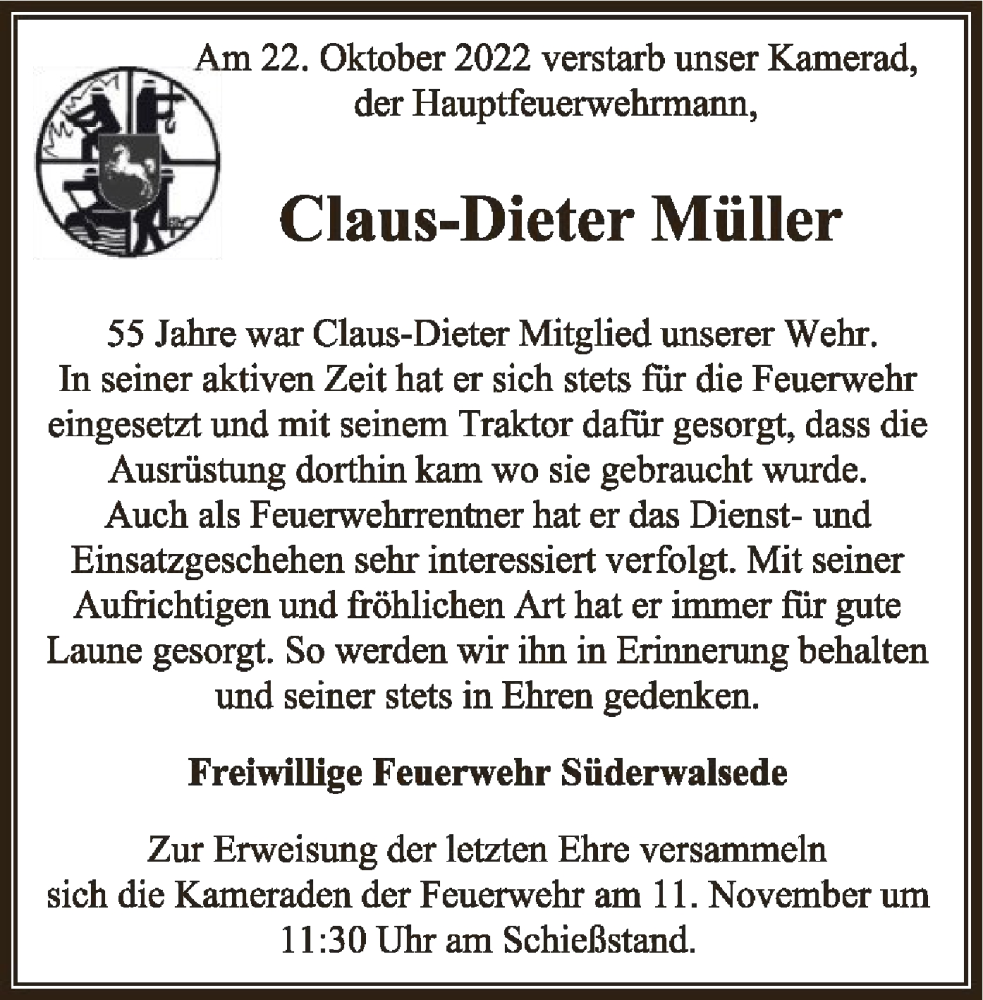  Traueranzeige für Claus-Dieter Müller vom 29.10.2022 aus SYK