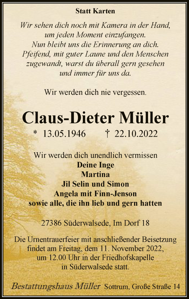  Traueranzeige für Claus-Dieter Müller vom 29.10.2022 aus SYK