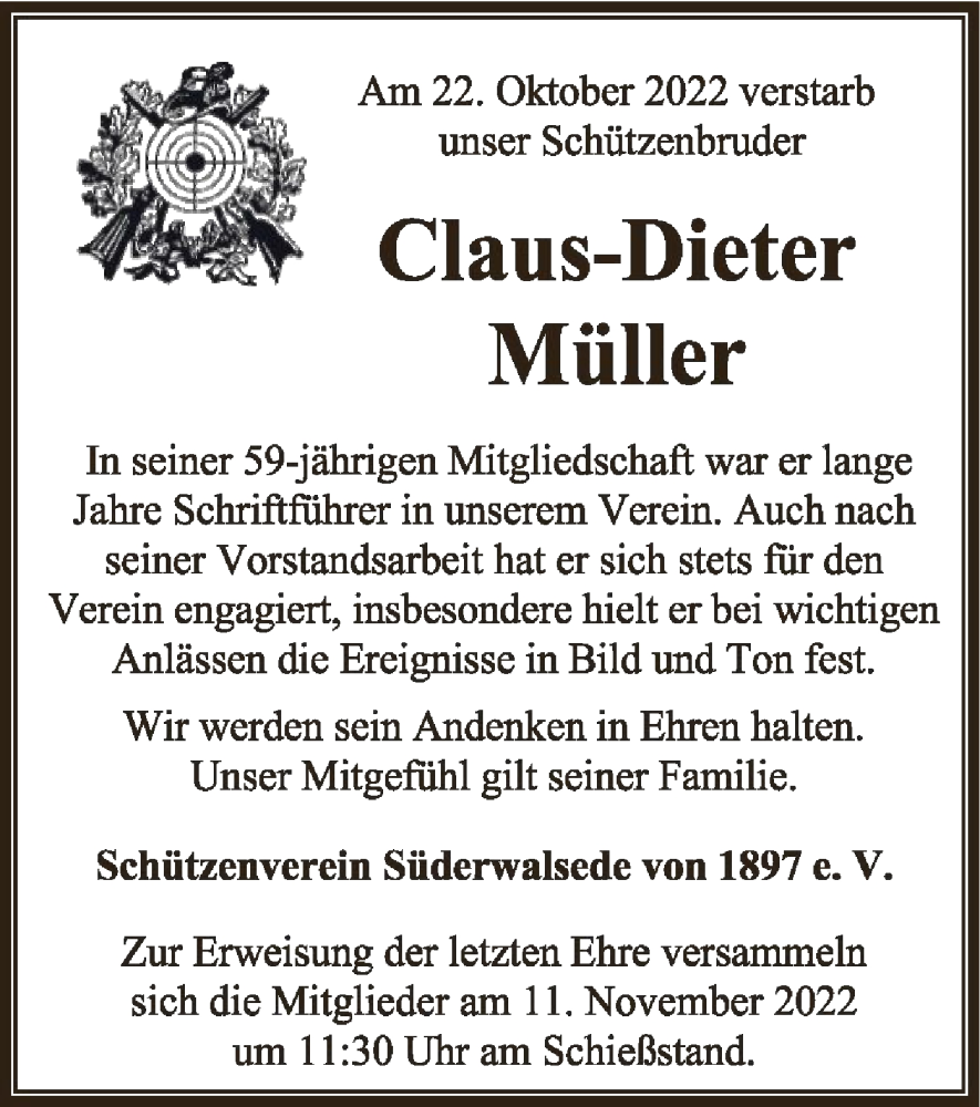  Traueranzeige für Claus-Dieter Müller vom 29.10.2022 aus SYK