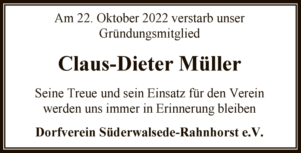  Traueranzeige für Claus-Dieter Müller vom 29.10.2022 aus SYK