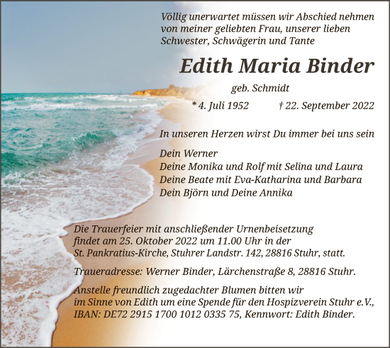 Traueranzeige von Edith Maria Binder von SYK