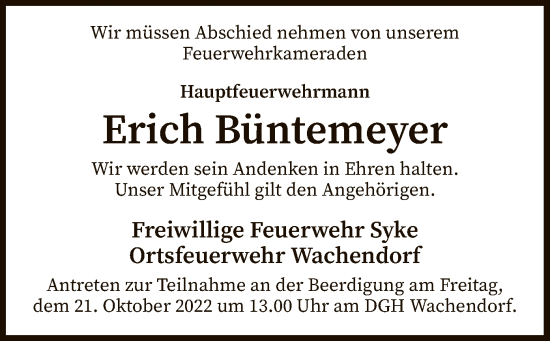 Traueranzeige von Erich Büntemeyer von SYK