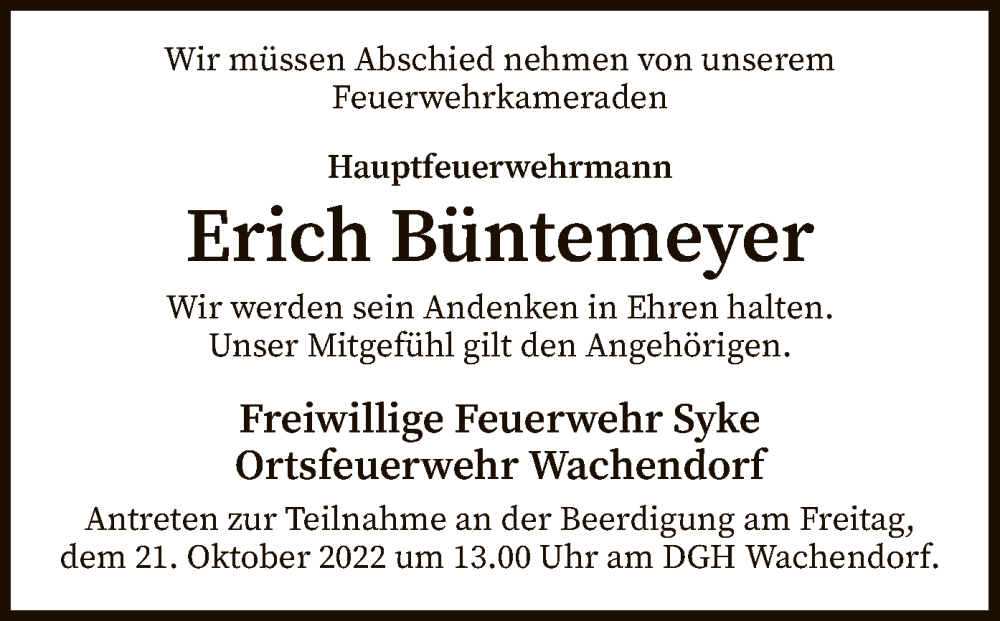  Traueranzeige für Erich Büntemeyer vom 19.10.2022 aus SYK