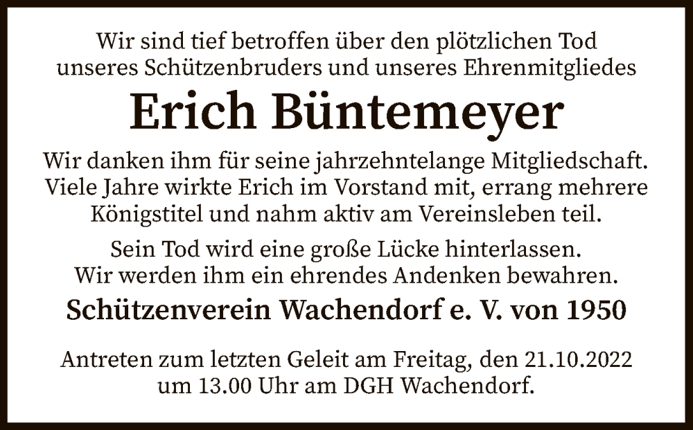  Traueranzeige für Erich Büntemeyer vom 18.10.2022 aus SYK