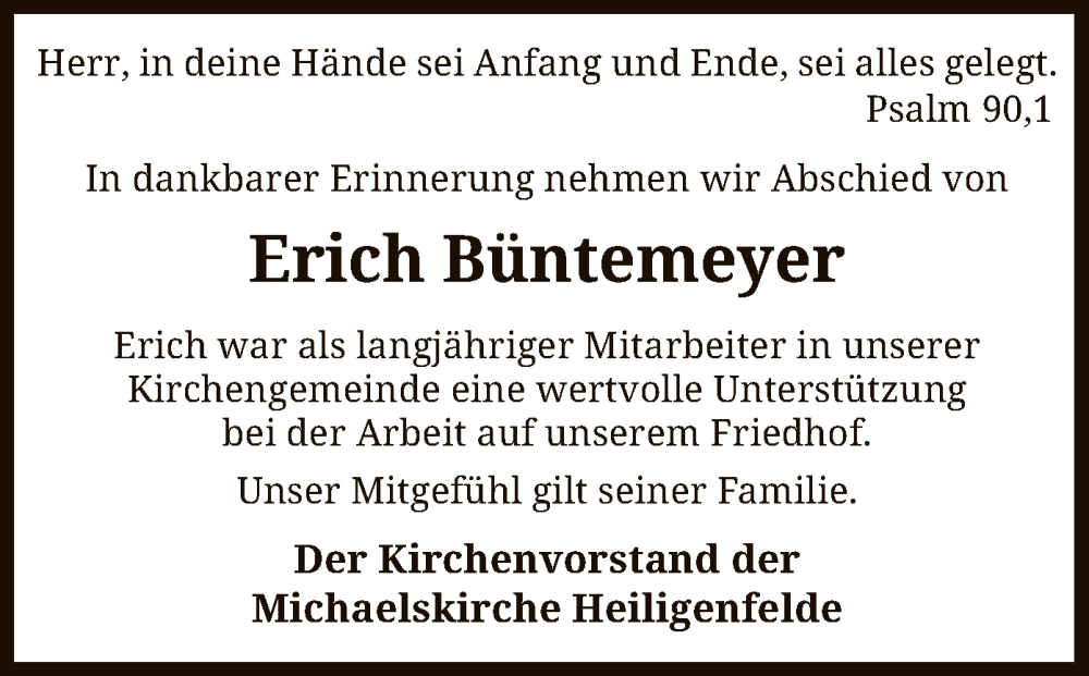  Traueranzeige für Erich Büntemeyer vom 18.10.2022 aus SYK