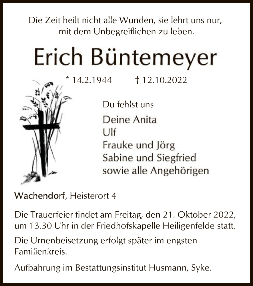  Traueranzeige für Erich Büntemeyer vom 18.10.2022 aus SYK