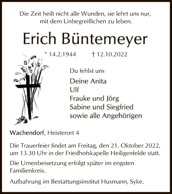 Traueranzeige von Erich Büntemeyer von SYK