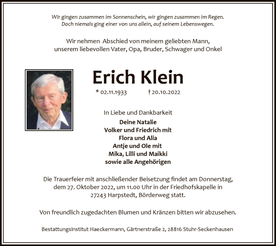 Traueranzeige von Erich Klein von SYK