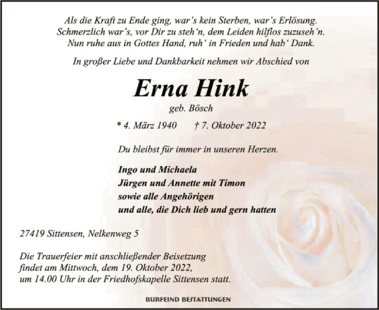 Traueranzeige von Erna Hink von SYK