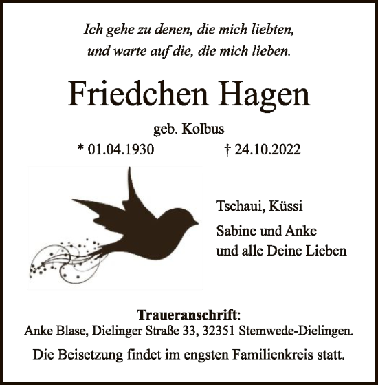 Traueranzeige von Friedchen Hagen von SYK