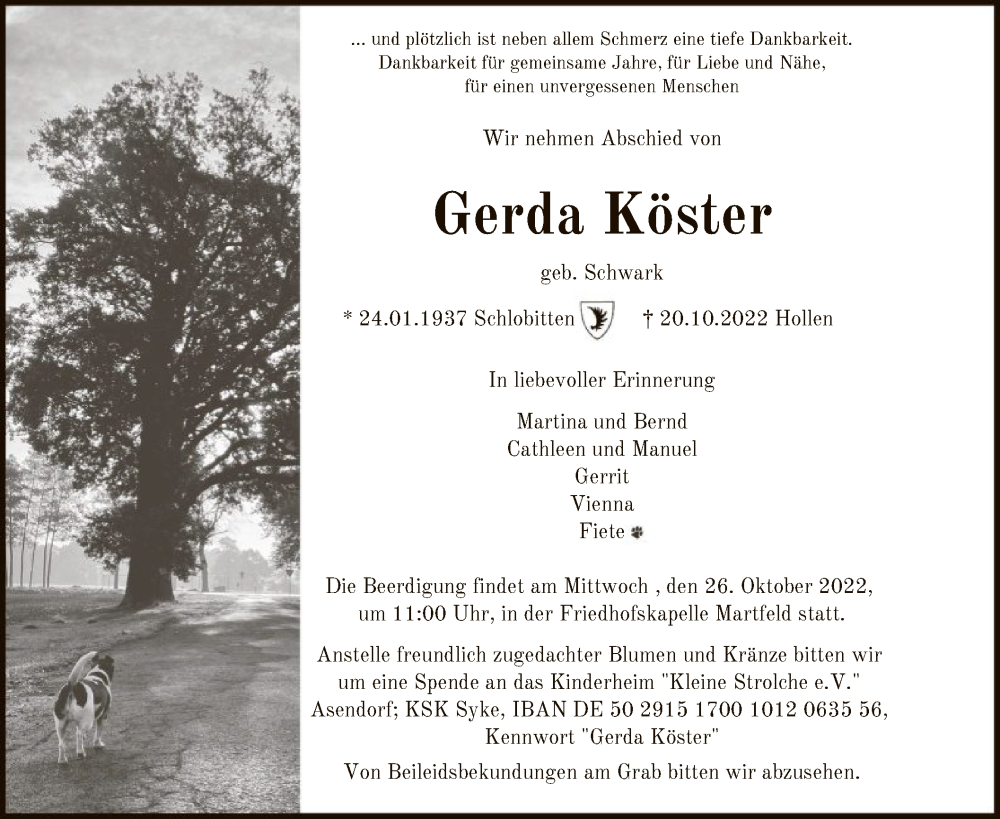  Traueranzeige für Gerda Köster vom 22.10.2022 aus SYK