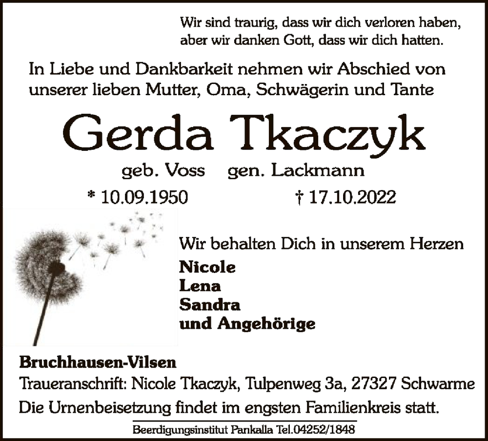  Traueranzeige für Gerda Tkaczyk vom 22.10.2022 aus SYK