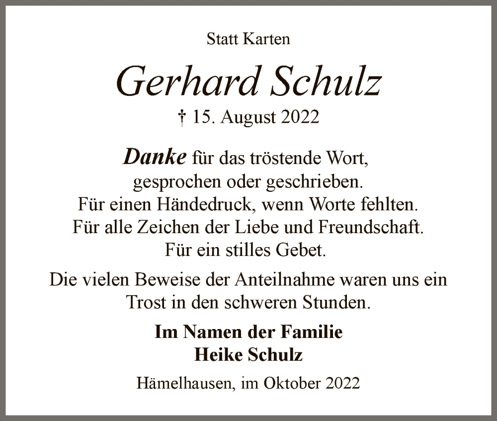  Traueranzeige für Gerhard Schulz vom 08.10.2022 aus SYK