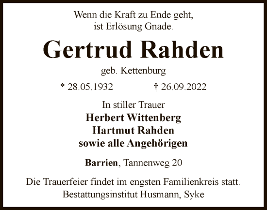 Traueranzeige von Gertrud Rahden von SYK