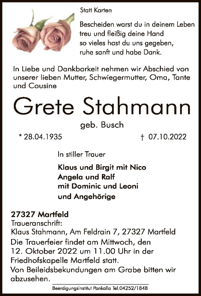  Traueranzeige für Grete Stahmann vom 11.10.2022 aus SYK