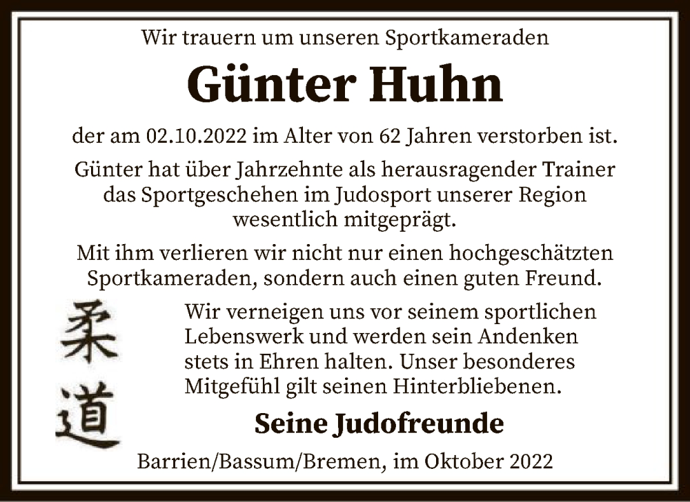  Traueranzeige für Günter Huhn vom 08.10.2022 aus SYK