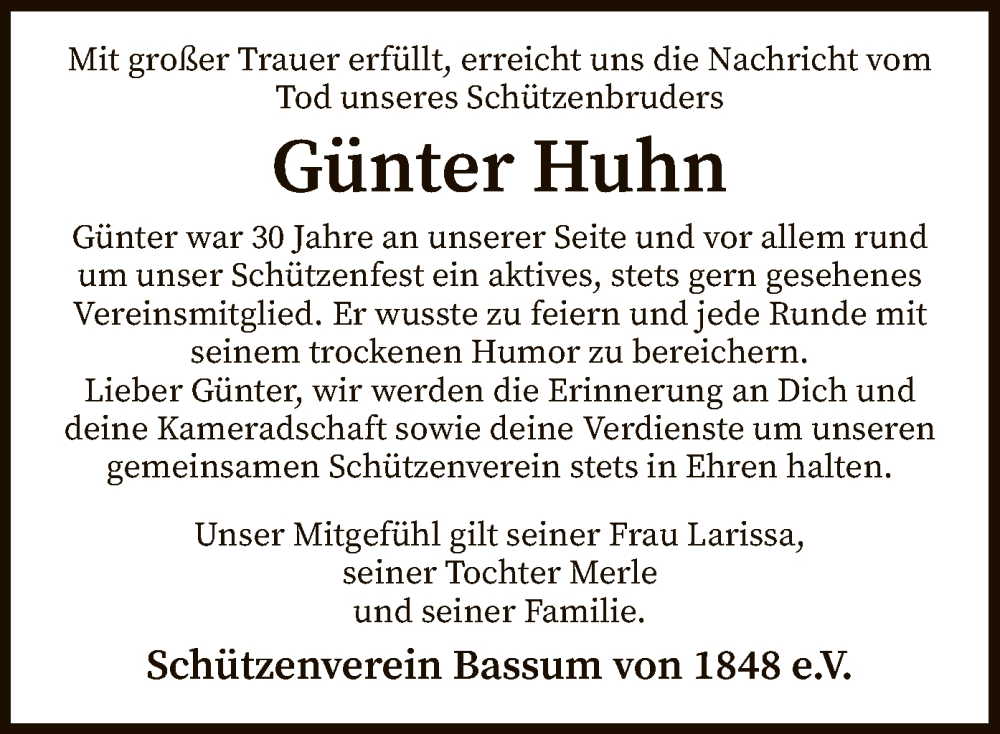  Traueranzeige für Günter Huhn vom 08.10.2022 aus SYK