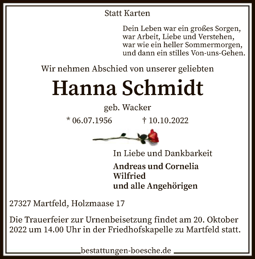  Traueranzeige für Hanna Schmidt vom 15.10.2022 aus SYK