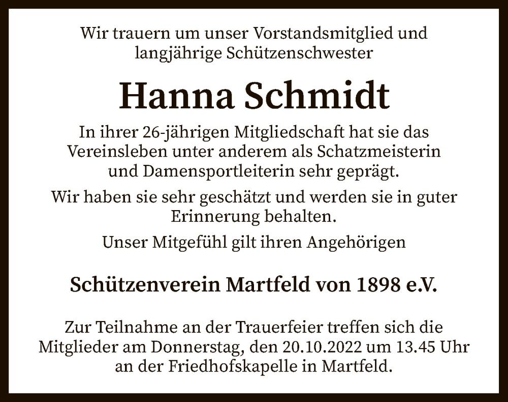  Traueranzeige für Hanna Schmidt vom 15.10.2022 aus SYK