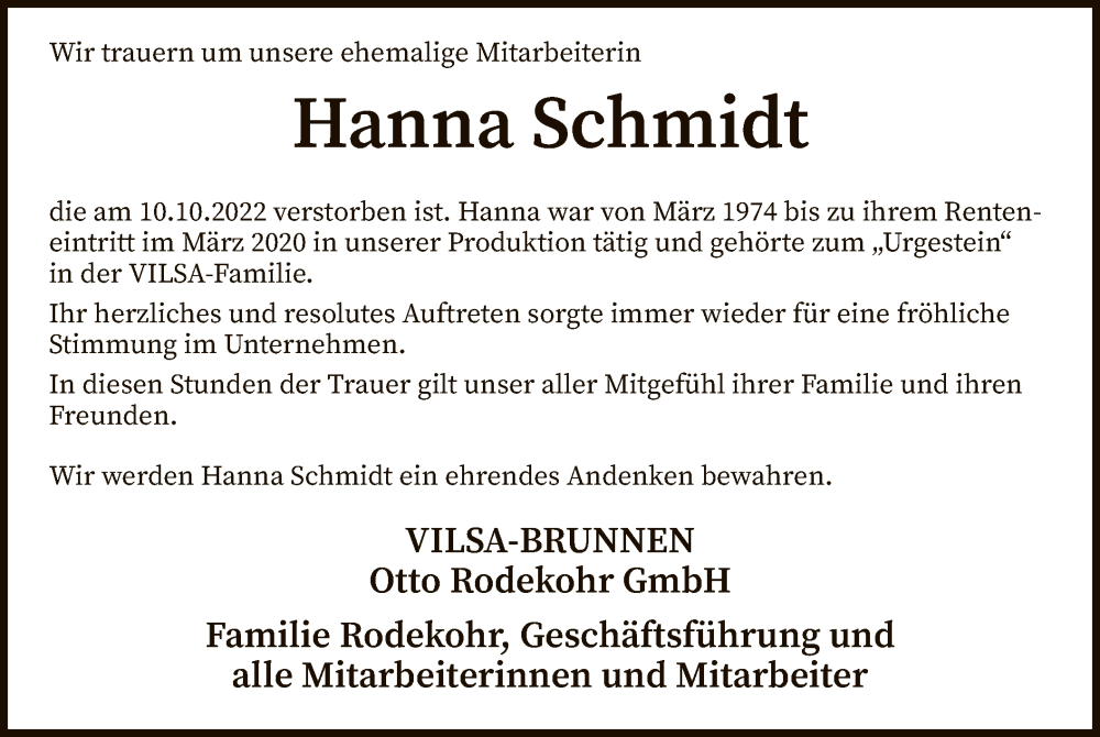  Traueranzeige für Hanna Schmidt vom 15.10.2022 aus SYK