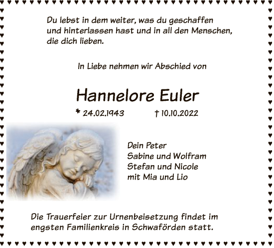 Traueranzeige von Hannelore Euler von SYK