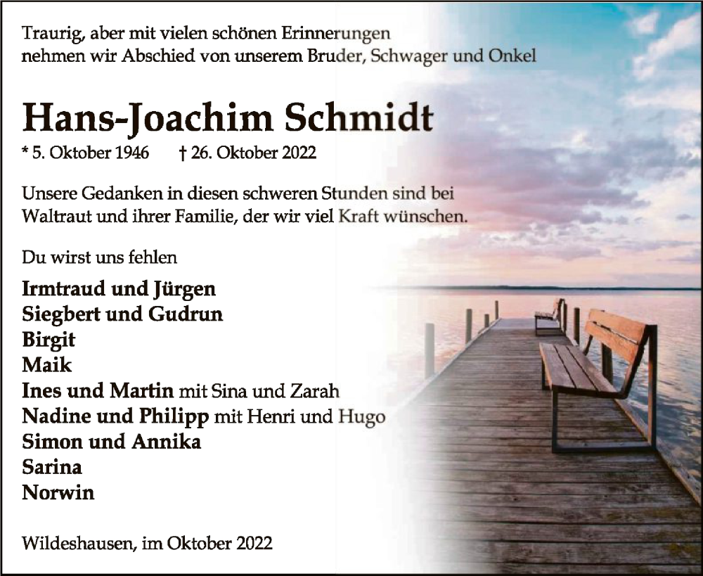  Traueranzeige für Hans-Joachim Schmidt vom 29.10.2022 aus SYK