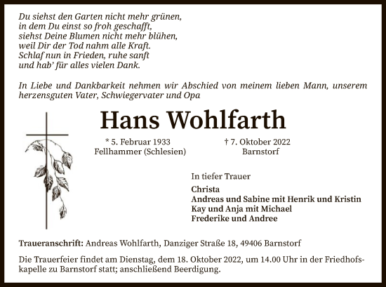 Traueranzeige von Hans Wohlfarth von SYK