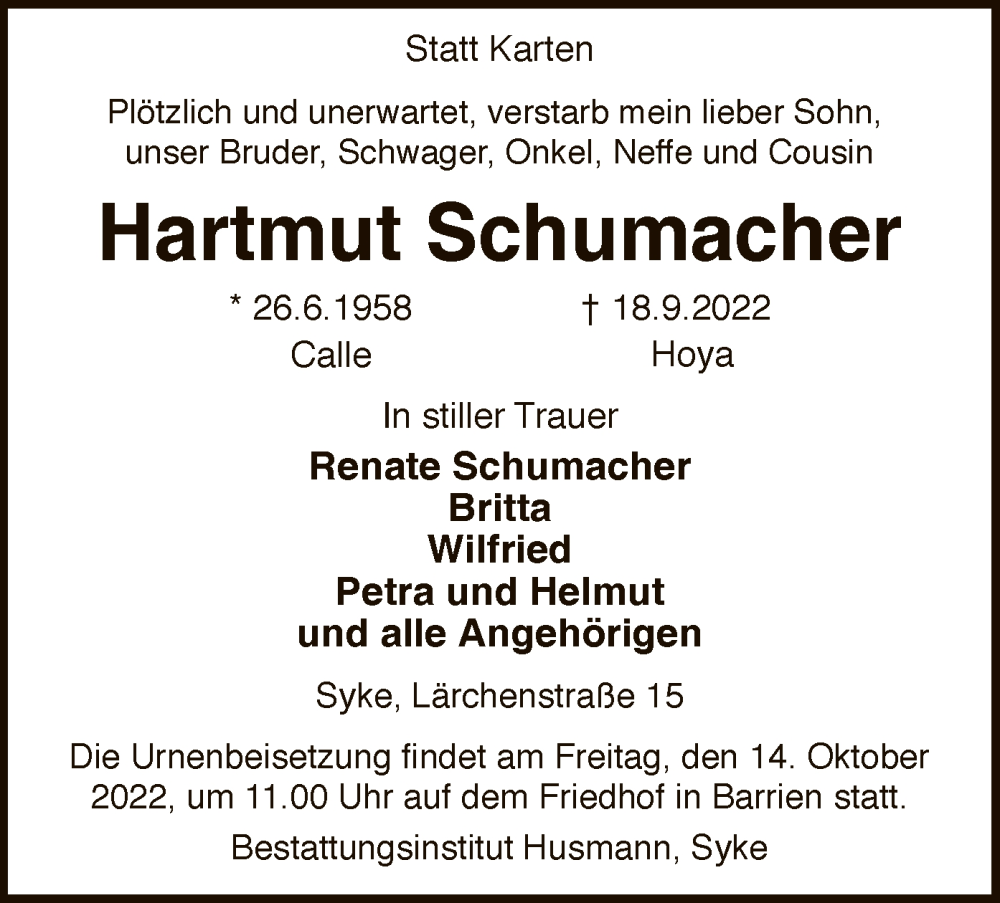  Traueranzeige für Hartmut Schumacher vom 12.10.2022 aus SYK