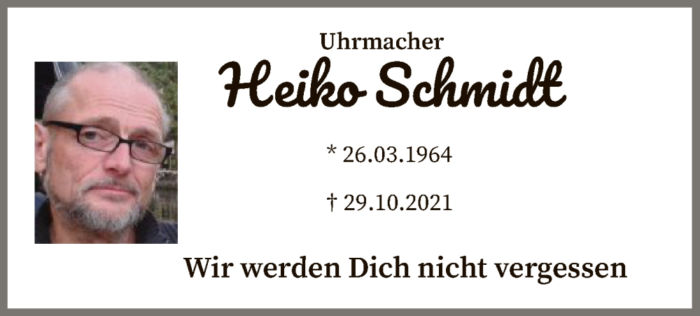  Traueranzeige für Heiko Schmidt vom 29.10.2022 aus SYK