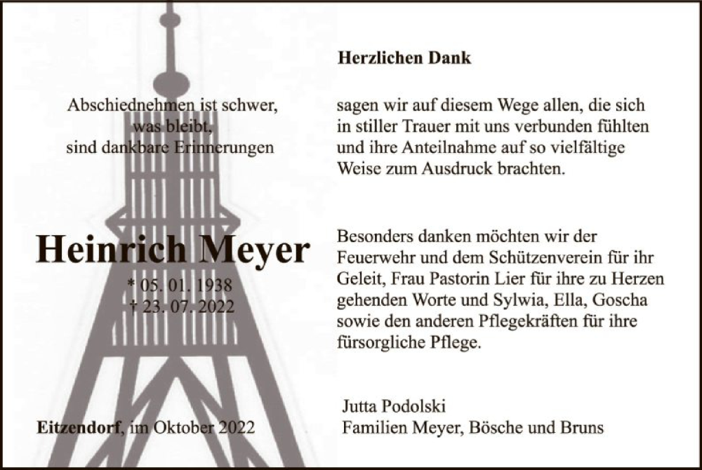  Traueranzeige für Heinrich Meyer vom 01.10.2022 aus SYK