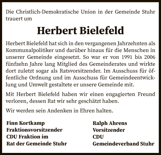 Traueranzeige von Herbert Bielefeld von SYK