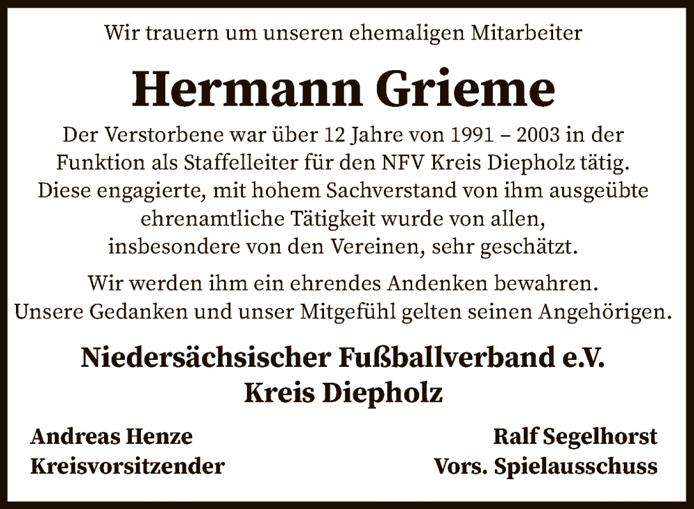  Traueranzeige für Hermann Grieme vom 01.10.2022 aus SYK