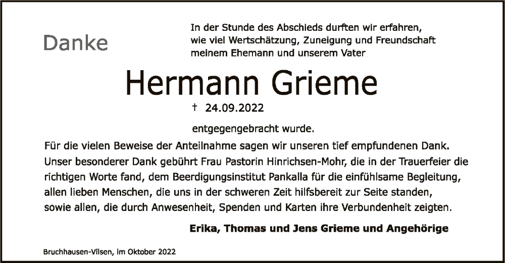  Traueranzeige für Hermann Grieme vom 29.10.2022 aus SYK