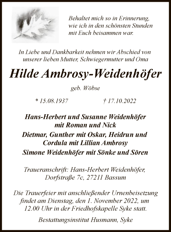 Traueranzeige von Hilde Ambrosy-Weidenhöfer von SYK