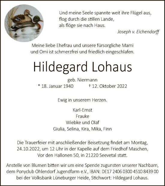 Traueranzeige von Hildegard Lohaus von SYK