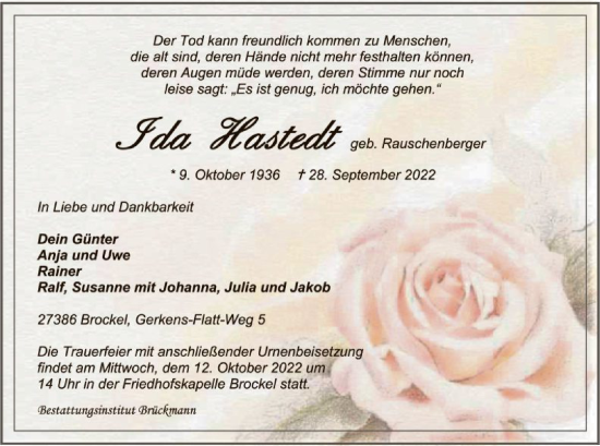 Traueranzeige von Ida Hastedt von SYK