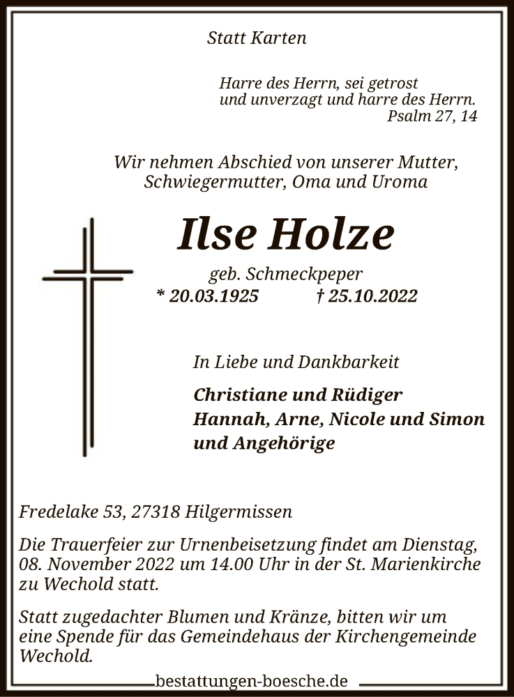 Traueranzeige für Ilse Holze vom 29.10.2022 aus SYK